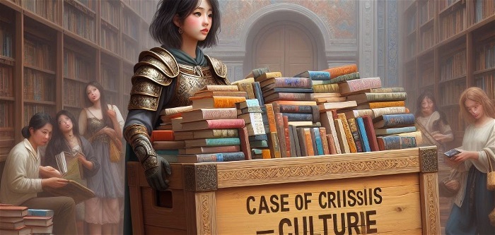 AI-genererad bild som visar ett bibliotek med människor. I förgrunden en människa i rustning som håller en krislåda full med böcker. 