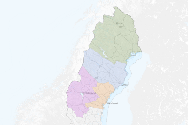 Kartan visar J&auml;mtland H&auml;rjedalen, V&auml;sternorrland, V&auml;sterbotten och Norrbottens l&auml;n.