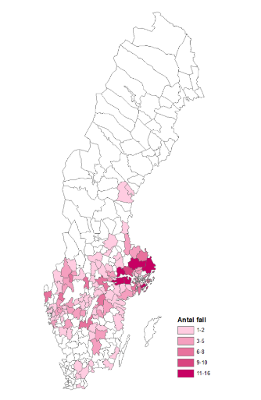 Karta med fall av TBE i Sverige under 2022